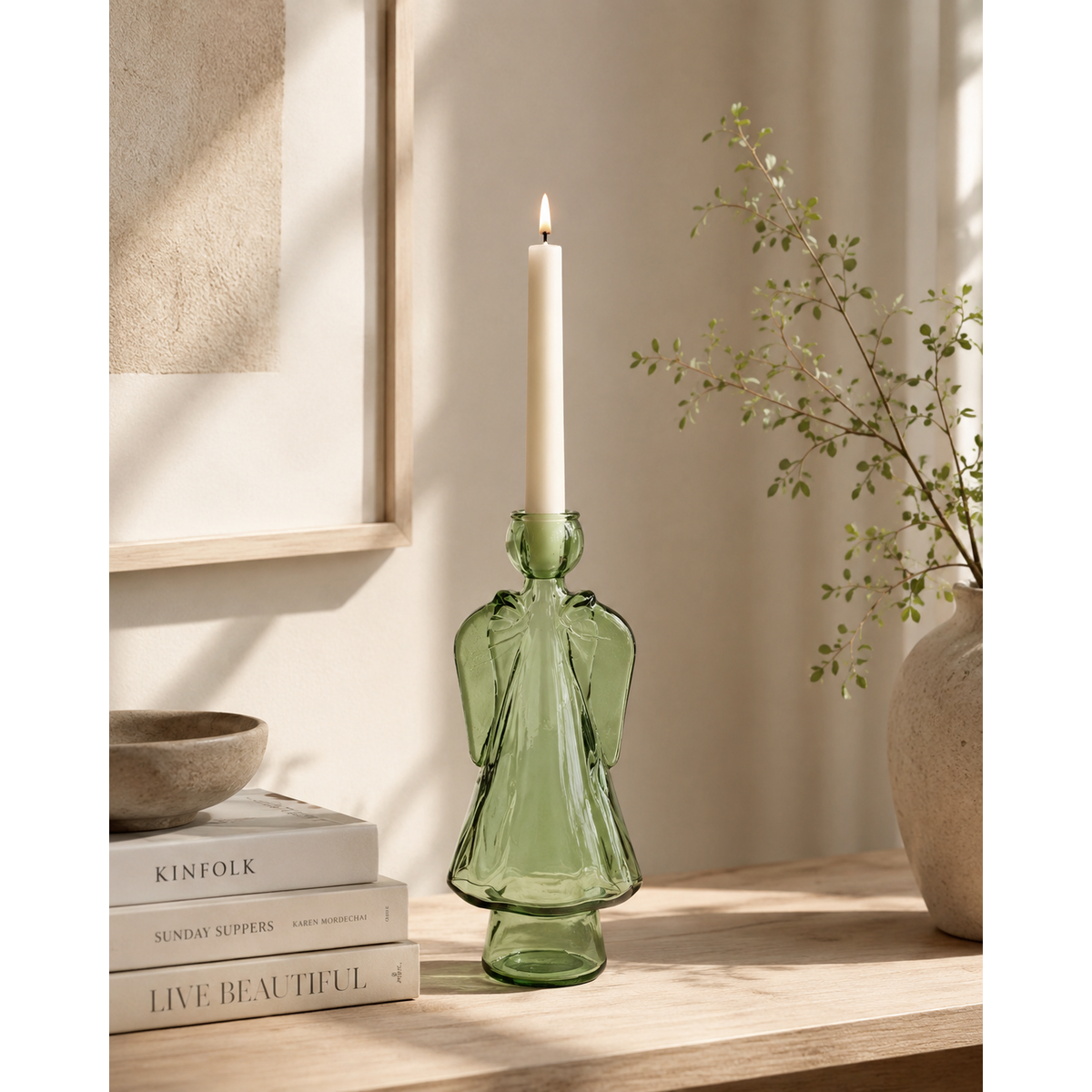 Green glass angel candle holder h 24x10x8 cm