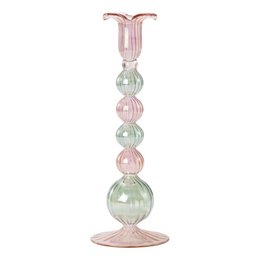 Tall, round glass candle holder in pink and green colors with a unique stacked design.