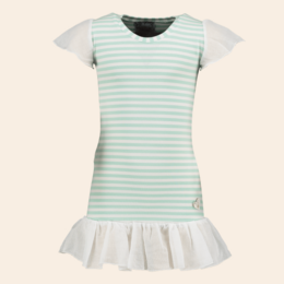 A mint green and white striped children's dress with a ruffle hem, suitable for casual or formal wear.