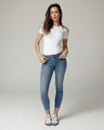 Blue grey vintage skinny jeans with repaired details, cropped ankle length, women's denim.