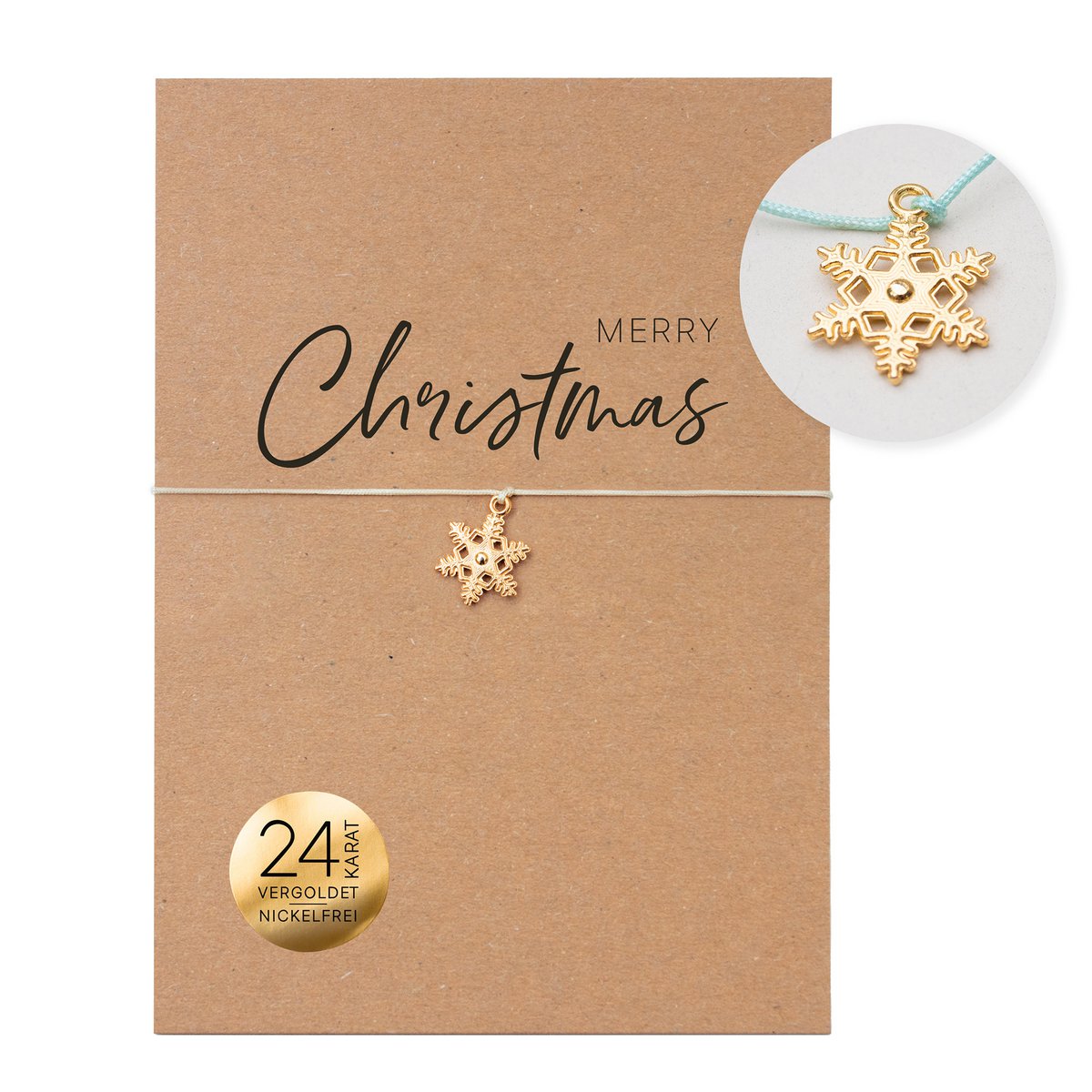 Armband auf Karte - Schneeflocke "Merry Christmas" 24K vergoldeter Anhänger - DIN A6 Recyclingkarte