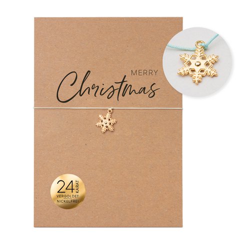 Armband auf Karte - Schneeflocke "Merry Christmas" 24K vergoldeter Anhänger - DIN A6 Recyclingkarte