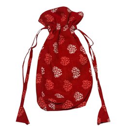 Red drawstring gift bag with white snowflake pattern, festive holiday design, fabric pouch.