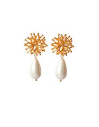 Elegant 24K gold plated earrings with shell pearl drops. Featuring a unique floral design, these statement earrings add a touch of glamour to any outfit.