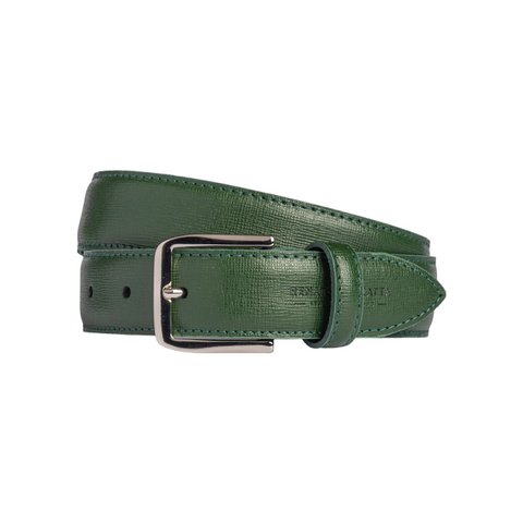 RB4017E | Damesriem gemaakt in Italië van echt saffianoleer. Gesp met glanzende zilveren afwerking. Groene kleur. Afmetingen: 115 x 3,0 x 0,5 cm (taille 100 cm)