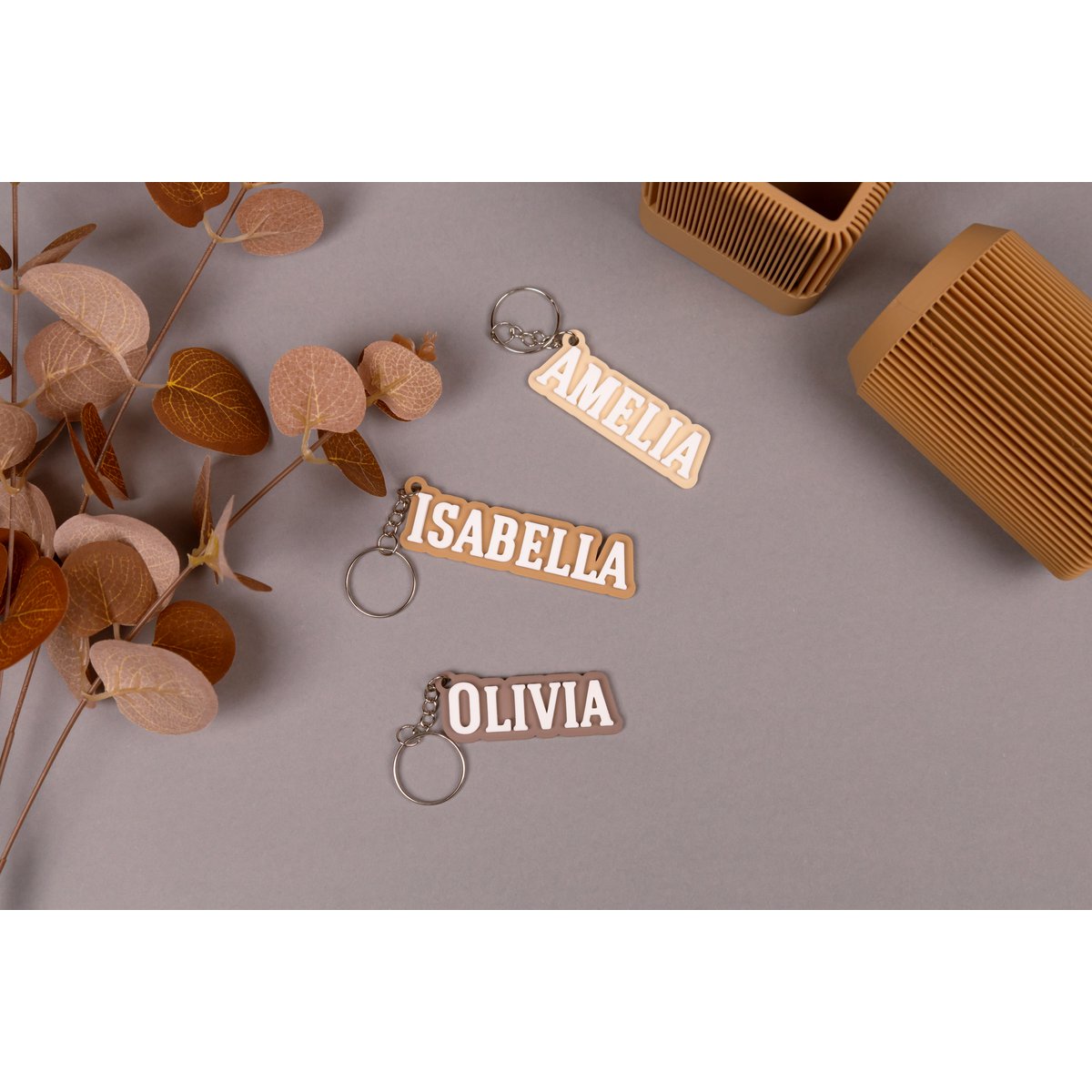 Custom Name Keychain - Personalized Keyring - Sustainable Gift for Her, Him, or Kids - Neutral Tone Bag Charm, School Graduation Gift