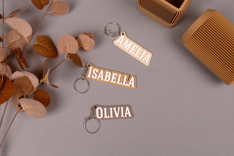 Custom Name Keychain - Personalized Keyring - Sustainable Gift for Her, Him, or Kids - Neutral Tone Bag Charm, School Graduation Gift