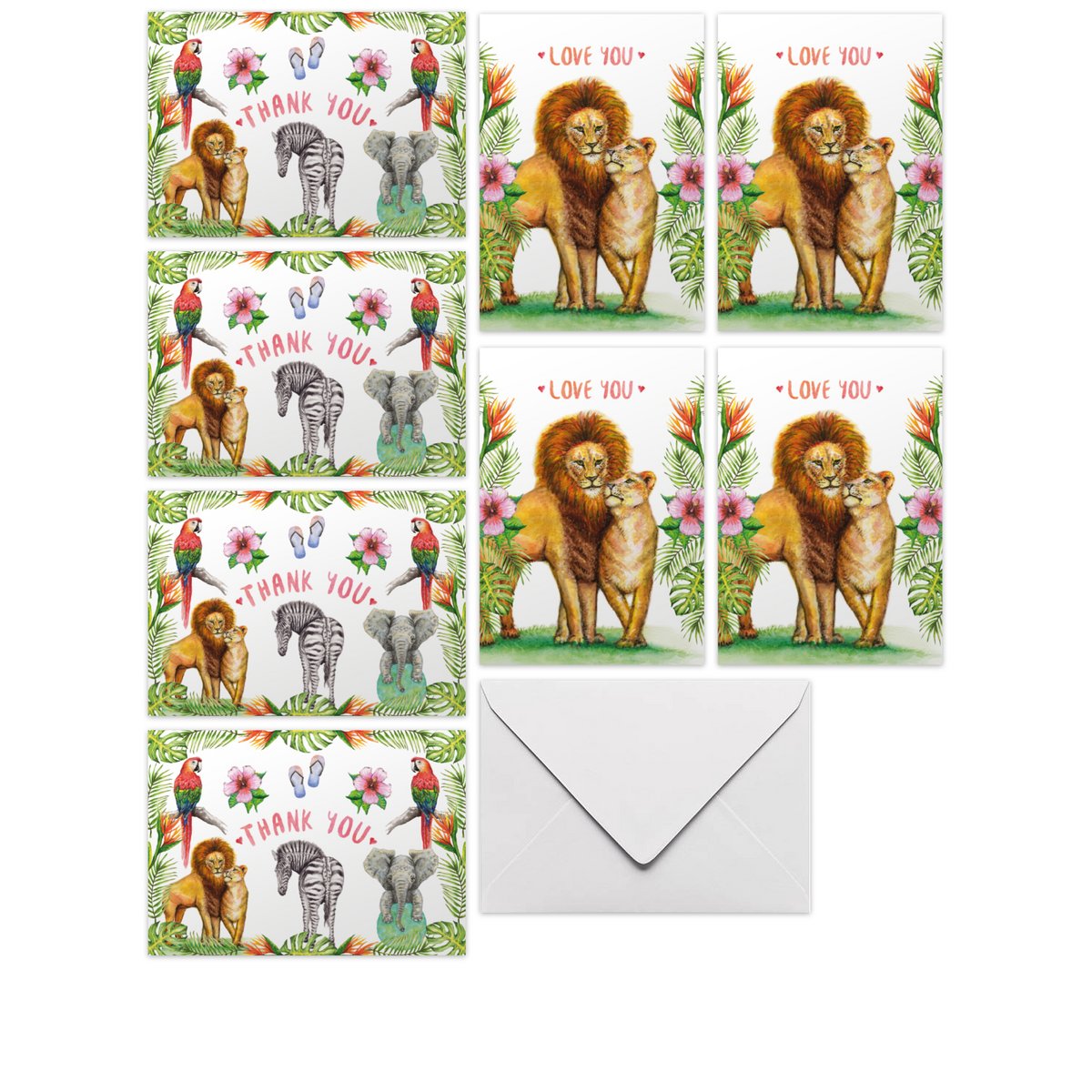 10 cartes de voeux t'aime merci avec enveloppe - peint à la main - carte postale - lion - perroquet - zèbre - éléphant - tropical - format A6