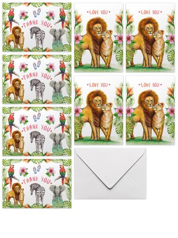 10 greeting cards love you thank you with envelope - handpainted - postcard - lion - parrot - zebra - elephant - tropical - A6 format