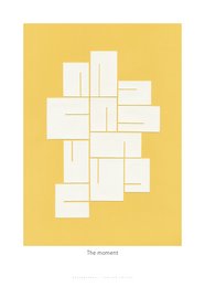 Abstract wall art with geometric shapes in white on a yellow background. The artwork has a minimalist, modern design.