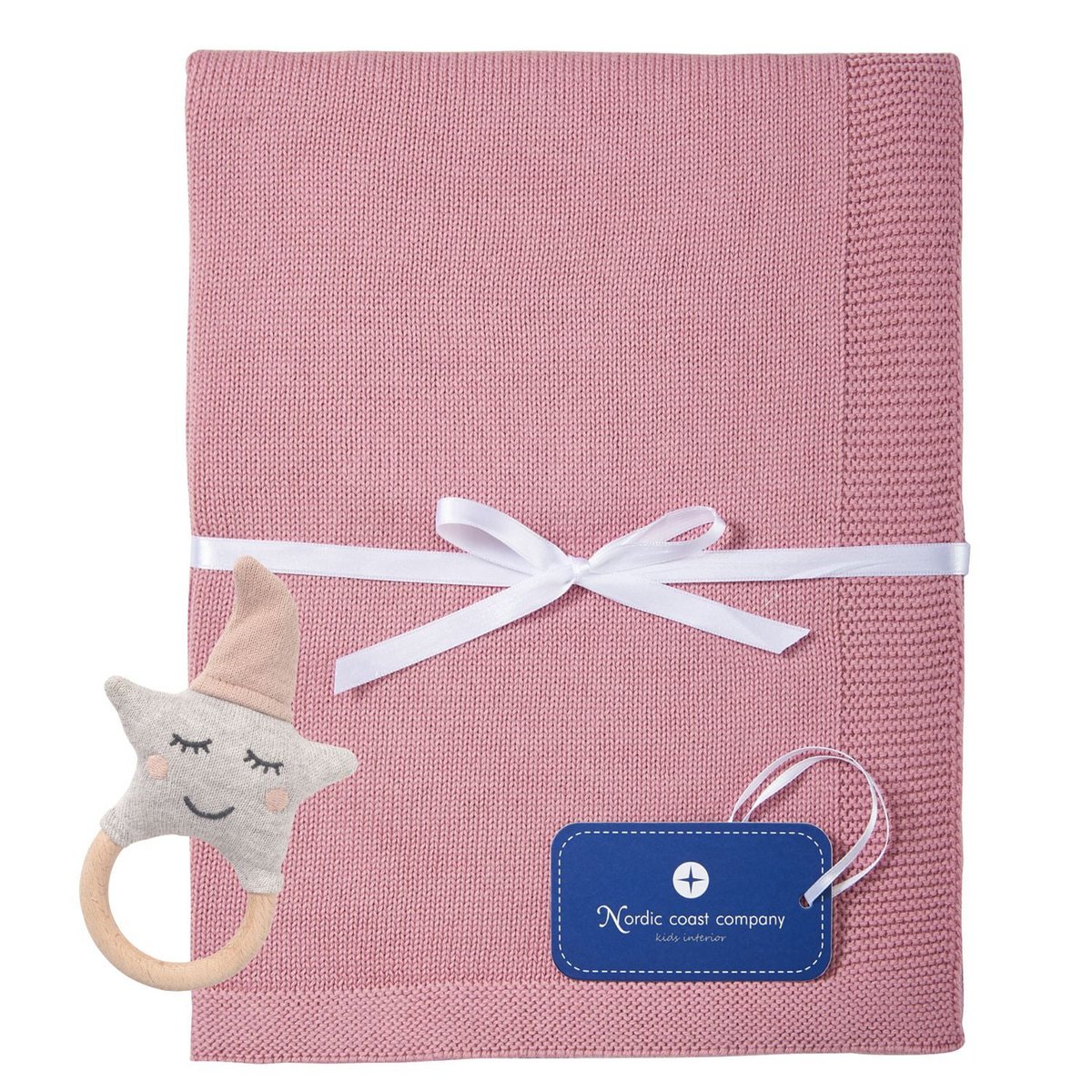 Cadeau couverture bébé baie + hochet rose