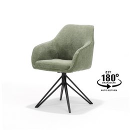  Upholstered green armchair with a swivel base and ribbed design, suitable for dining rooms or home offices.