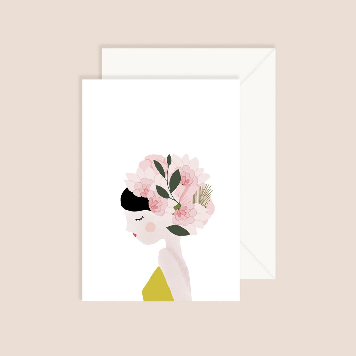 Card Portrait - Woman in Profile Fine Lines Black Hair Pink Bonnet