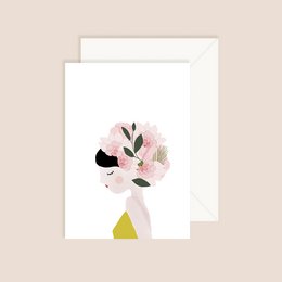 A portrait card featuring a woman in profile with fine lines, black hair, and a pink bonnet, surrounded by a bouquet of pink and green floral elements.