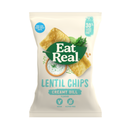 Lentil chips with creamy dill flavor, made with real ingredients and no artificial additives. Crunchy, savory snack with 30% less fat than regular potato chips.