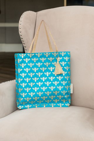 Stoffgeschenktüten Tote Style - Luxe Gold Kollektion - Türkis / Bienen