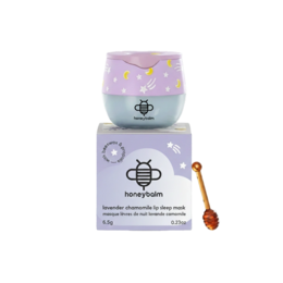 Lavender chamomile lip sleep mask, purple jar with bee logo, crescent moon shape, nighttime lip care balm
