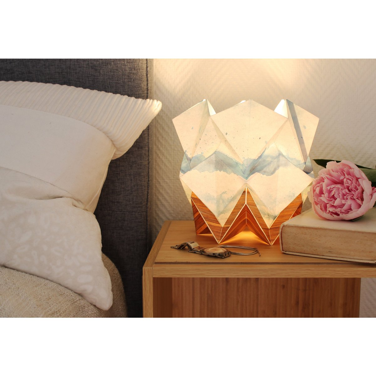 Origami Table Lamp in EcoWood and Paper - Summer Pattern - size S