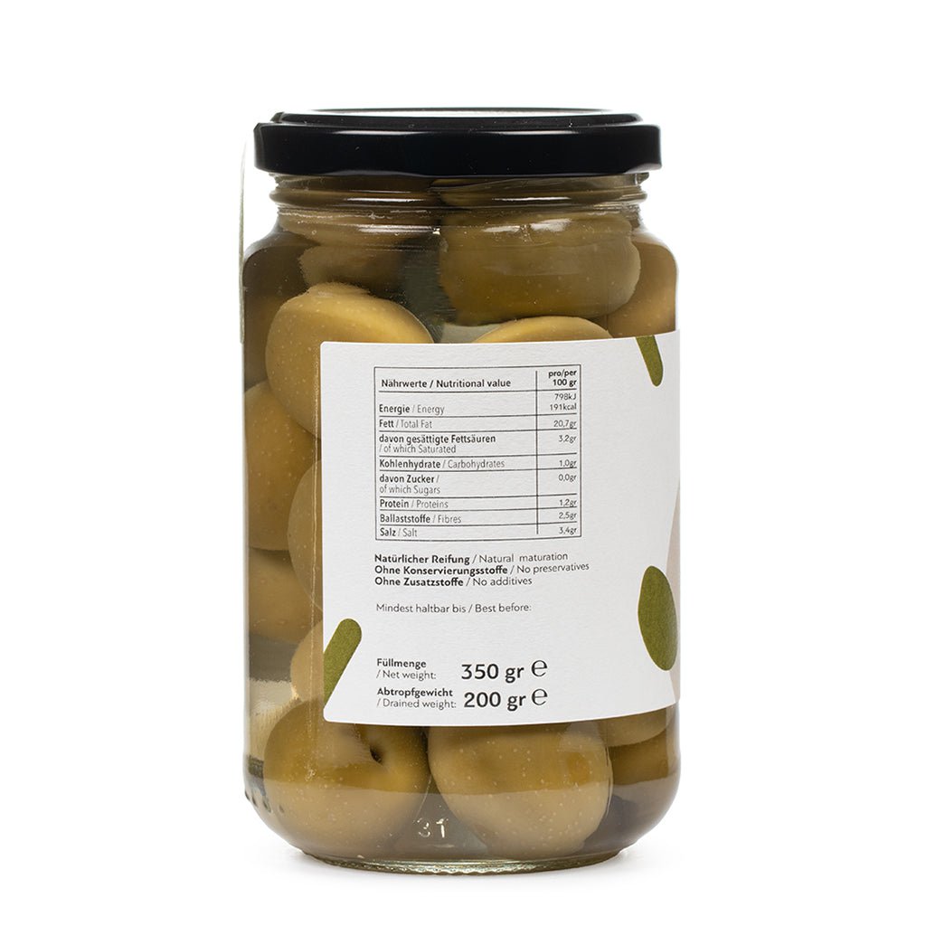 Grønne økologiske oliven, 370 gr krukke