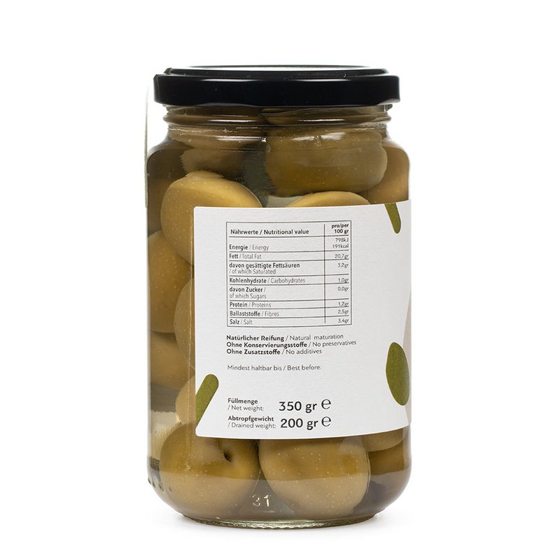 Grønne økologiske oliven, 370 gr krukke