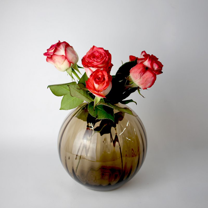 Glass vase round grooves brown vase glass handmade ball vase