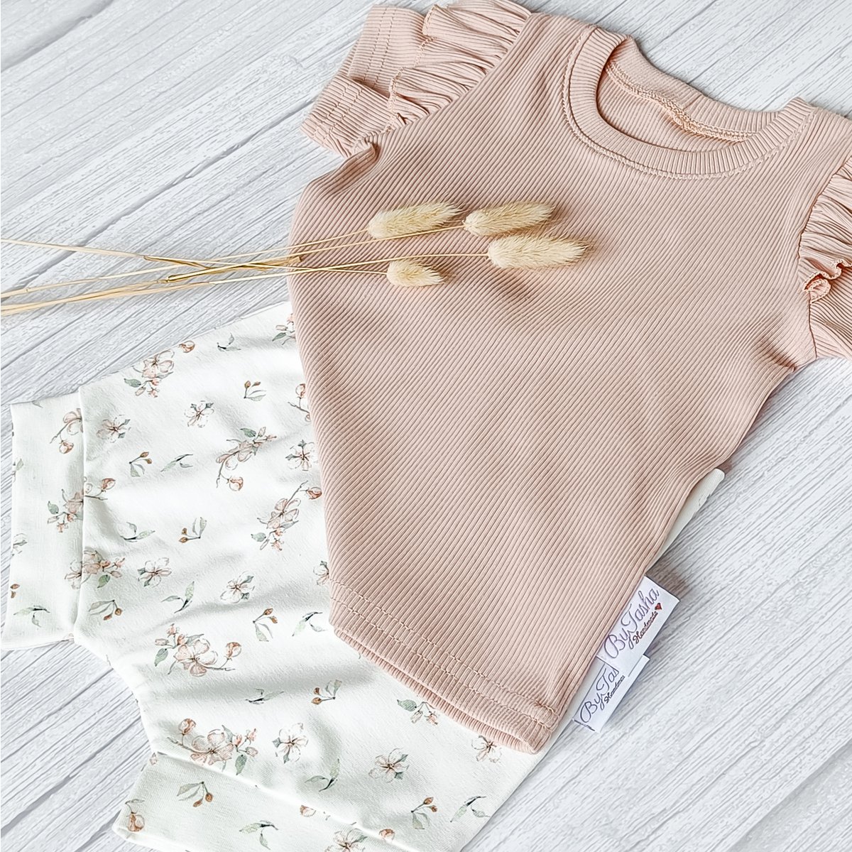 T-Shirt Volants Jersey Côtelé Rose Nude