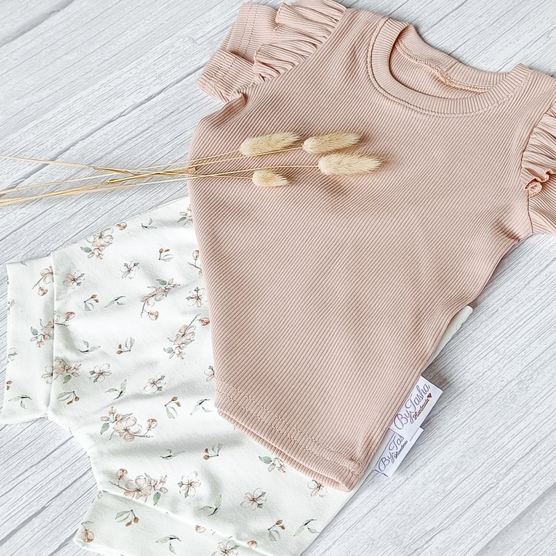 T-Shirt Volants Jersey Côtelé Rose Nude