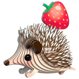 A wooden hedgehog craft kit with a large red strawberry on top. The hedgehog has a brown and white spiky body and black eyes.