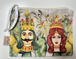Colorful sardine-themed pouch or clutch with a graphic design featuring multiple sardine illustrations in vibrant hues against a white background.