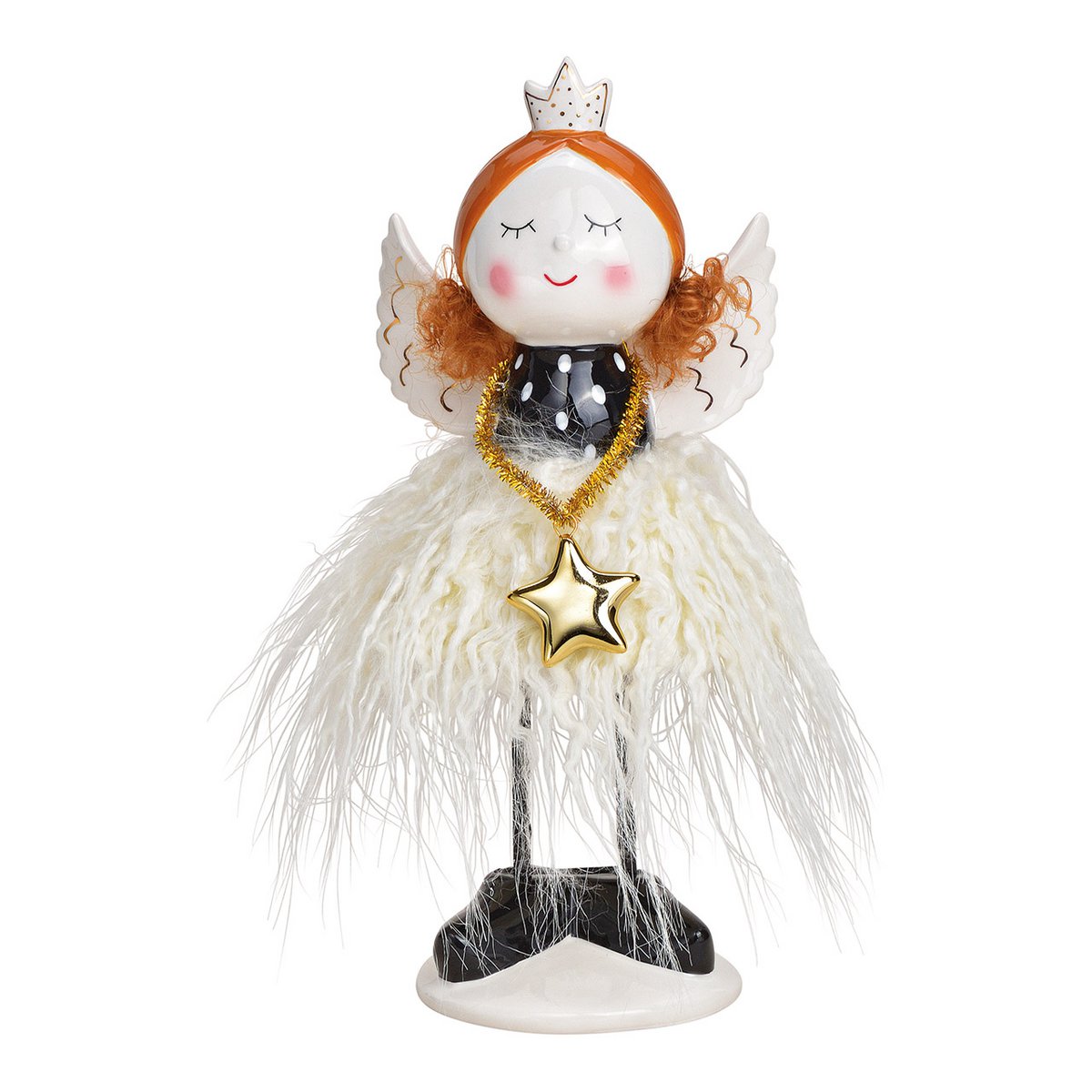Angel with faux fur skirt made of ceramic black (W/H/D) 10x24x9cm