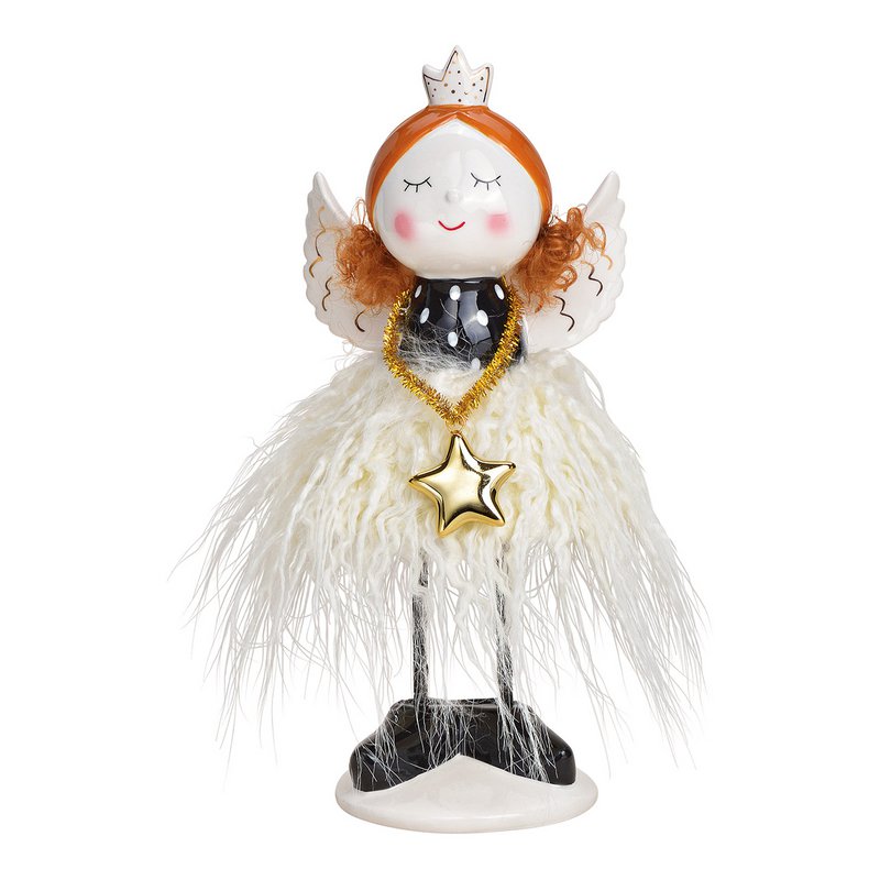 Angel with faux fur skirt made of ceramic black (W/H/D) 10x24x9cm