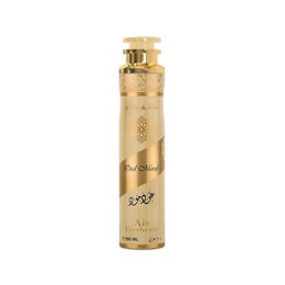  Gold cylindrical spray bottle, luxurious oud fragrance air freshener, elegant metallic design, 300ml room spray.