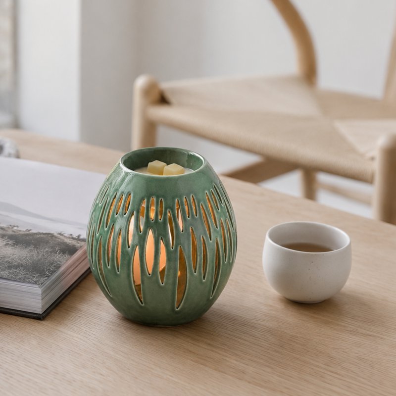 Kominek do perfum z serii Céramy – Ovali Olive – Lakierowany ceramiczny świecznik – Dyfuzja wosków zapachowych, olejków eterycznych – Dekoracyjny pomysł na prezent