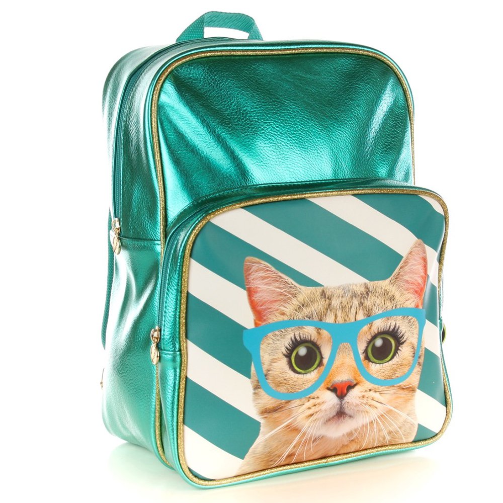 Backpack Cat with blue-green glasses