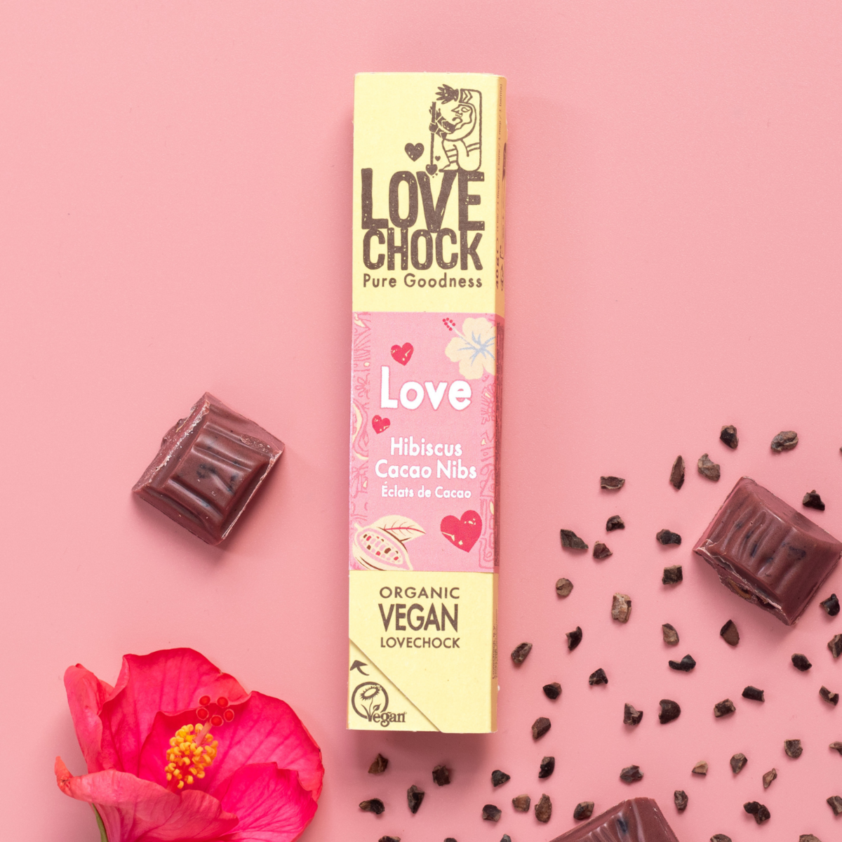 Pink chocolate with hibiscus and cacao nibs - Organic, plant-based and sustainable
