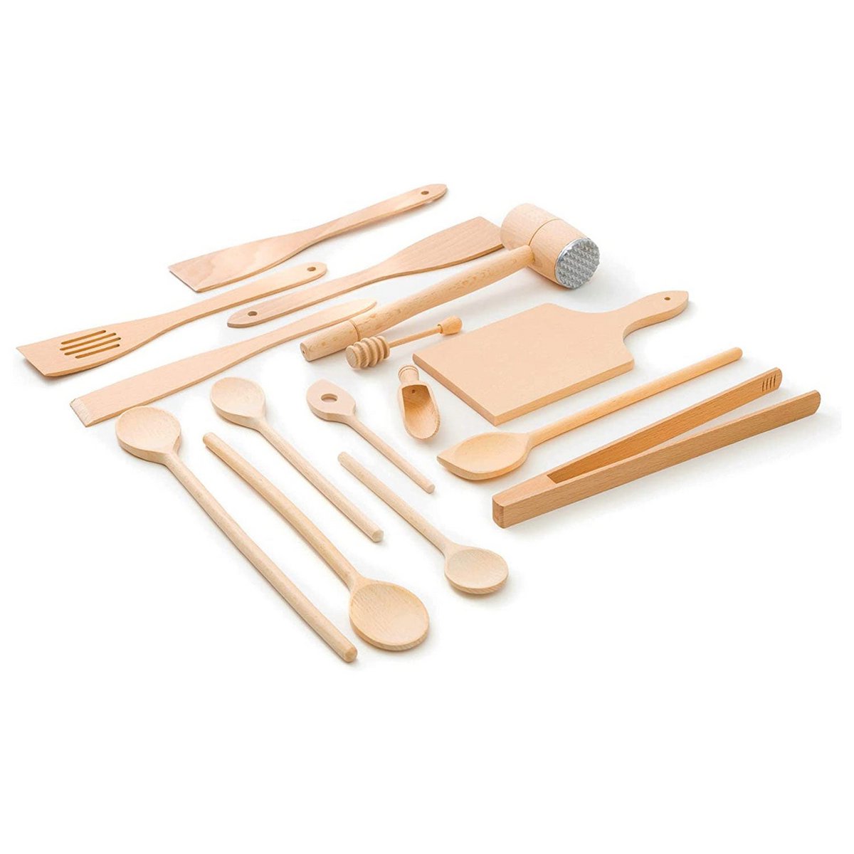 15 Piece Wooden Kitchen Utensil Set (Cooking Spoons, Turners, Honey Spoon, BBQ Tongs, Cutting Board, Meat Hammer, Spice Spoon)