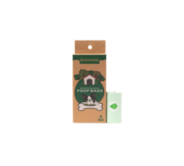 Biodegradable poop bags in rolls of 4 or 10, with a dog house design on the packaging.