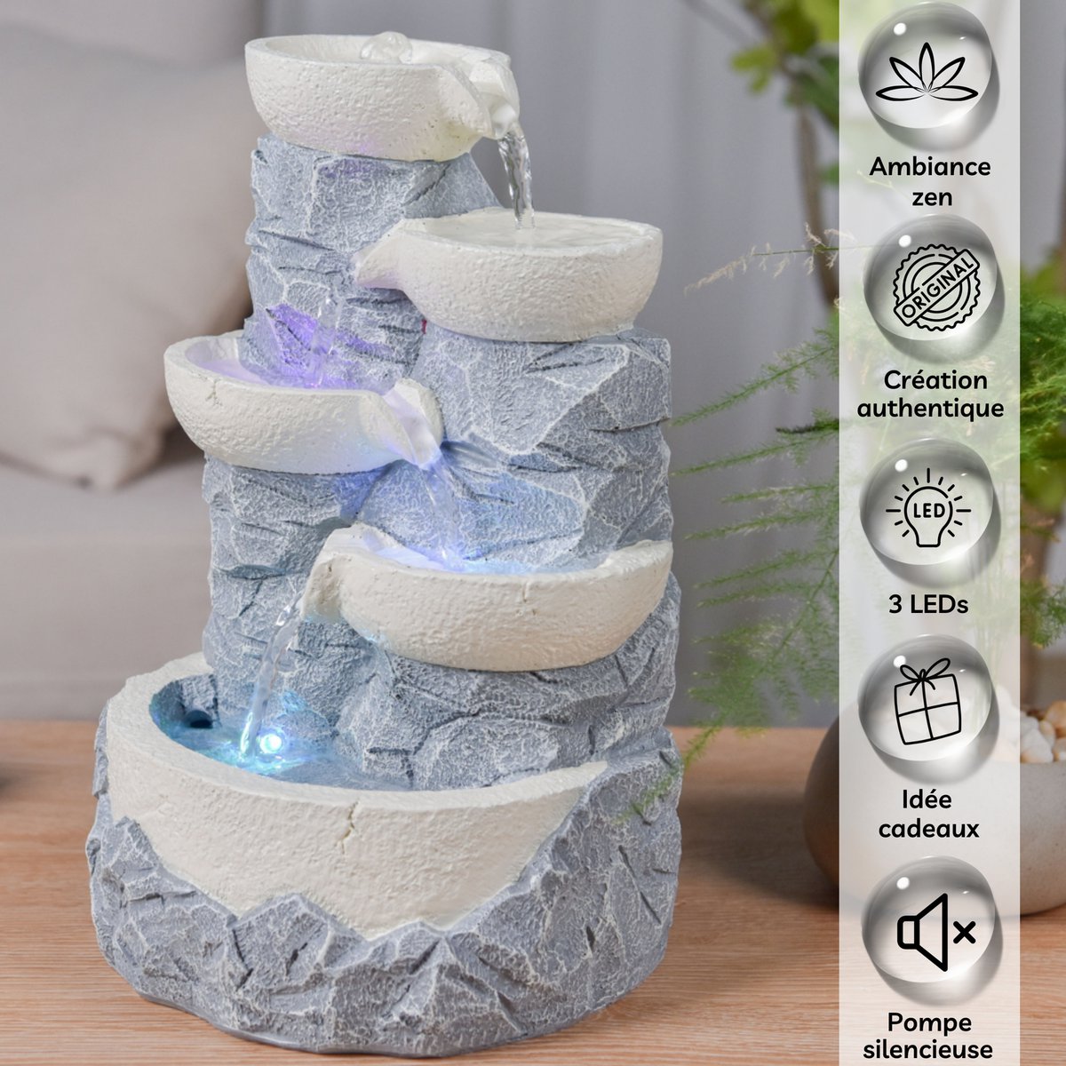 Indoor Fountain - Ganda - Natural Stone Effect Waterfall - Colorful Led Light - Zen Decoration and Gift Idea