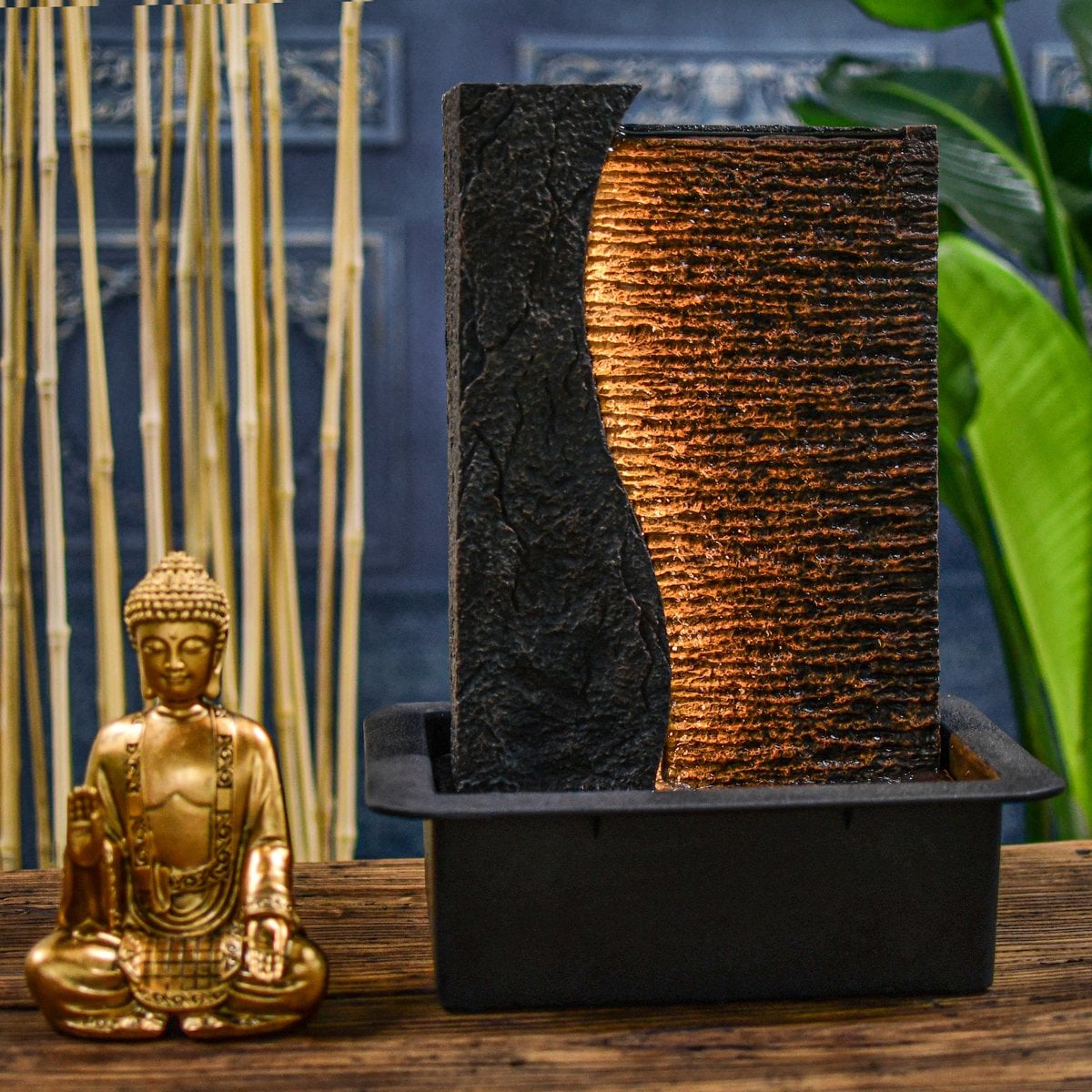 Zimmerbrunnen – Jati – abnehmbare Buddha-Statue – weißes LED-Licht – Zen und entspannende Atmosphäre – einfach zu bedienen