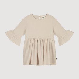 Cream muslin baby dress with ruffled bell sleeves, gathered waist, soft natural fabric, toddler girl clothing.