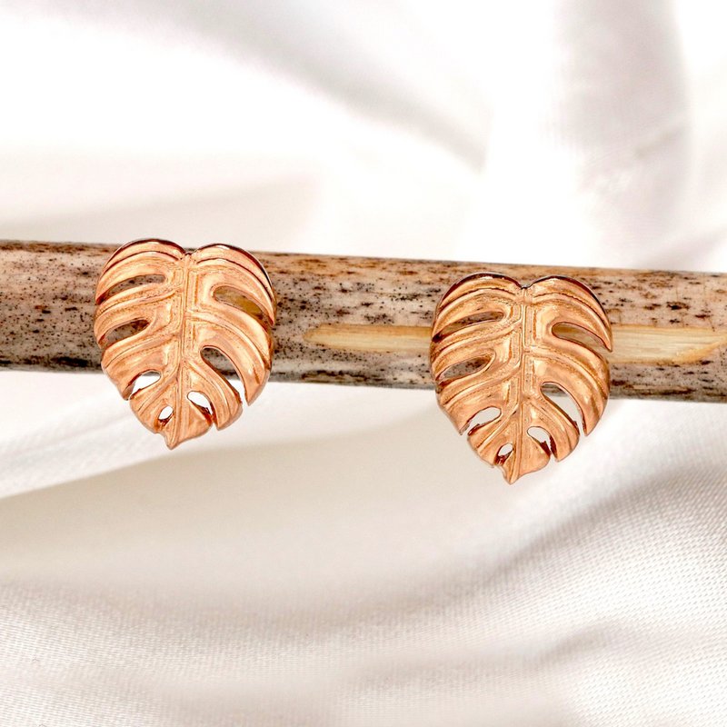 Monstera Leaf Stud Øreringe - 925 Sterling Rose Guldbelagt - Eksotiske blade smykker - OHR925-89