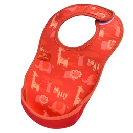 Red neoprene bib with safari animal print pattern, including giraffes, elephants, and flowers.