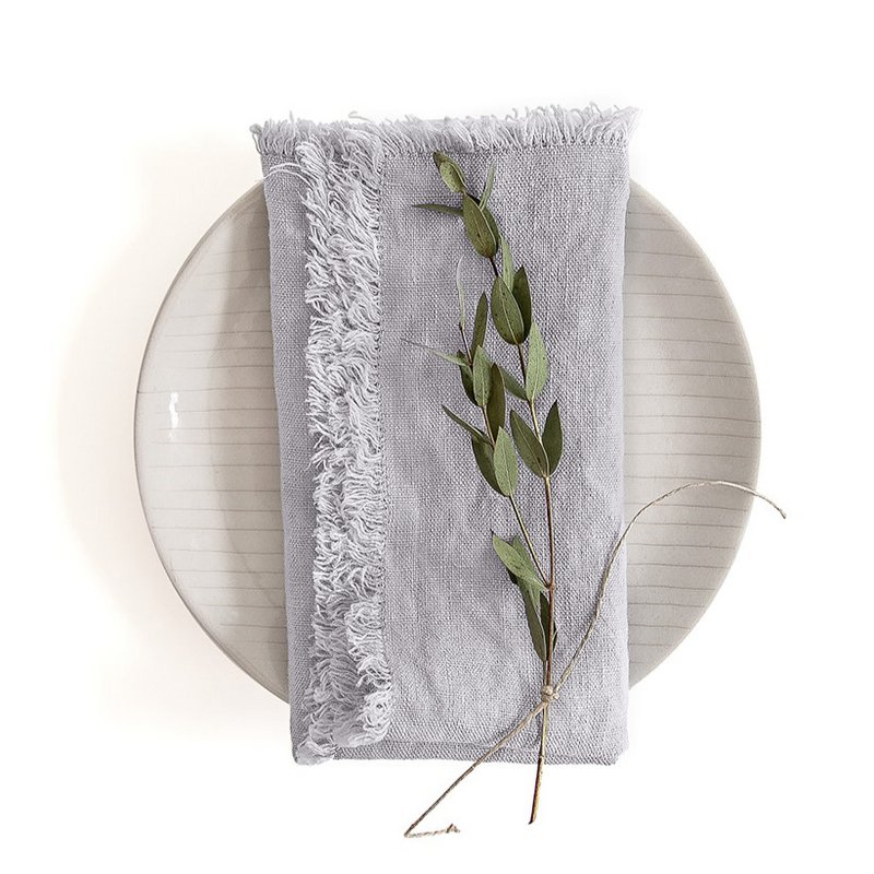 Light Grey Linen Napkins with Fringes Set of 2