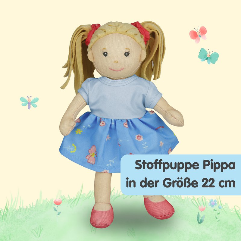 Stof Doll '' Pippa '' med kjole til at sætte på og tage af, 22 cm