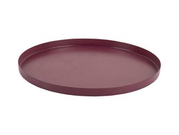  A round, extra small decorative tray in a burgundy color.