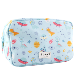  A colorful, patterned toiletry bag featuring various space-themed designs such as rockets, planets, and stars. The bag is labeled "Funny Kids - Astro Dino" and appears to be made of a soft, durable material.