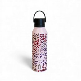 A pink and purple leopard print insulated drinking bottle with a black cap and carrying strap.