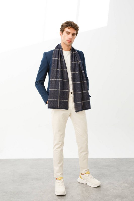 Mężczyźni Roman Check Scarf Navy-Ecru