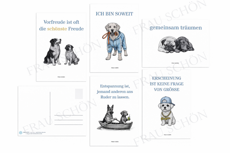 Un fantastico pacchetto di 5 bellissime e divertenti cartoline con diversi motivi di cani