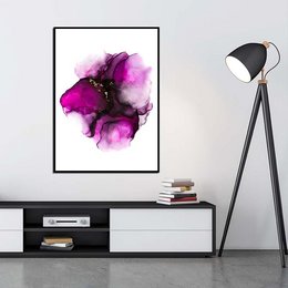 Vibrant abstract wall art print featuring a bold, colorful splash of pink and purple ink. Suitable for modern home decor.